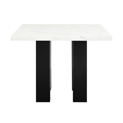 Table carrée à hauteur de comptoir, surface en faux marbre, pieds en bois noirs pour recevoir une table de salle à manger élégante, base, sièges 4