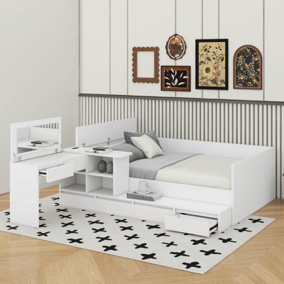 Lit plateforme double avec tiroirs, tablettes et coiffeuse