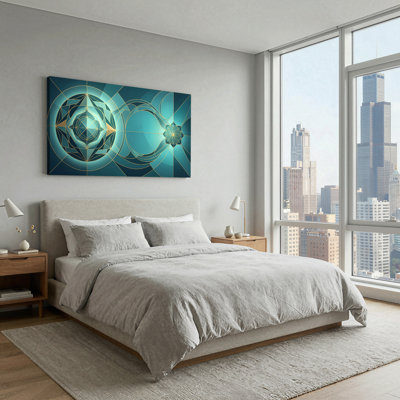 Art mural sur toile, cercles et triangles complexes sur fond bleu sarcelle