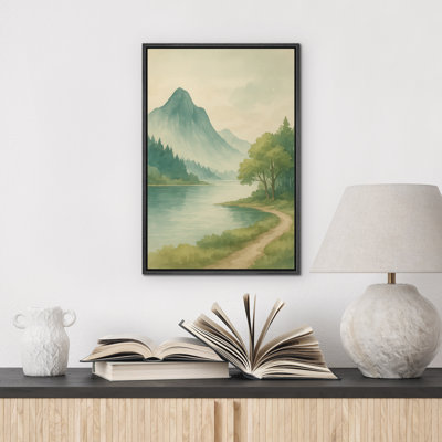 «Green Mountain and River», art mural, paysage d'aquarelle douce avec sentier forestier