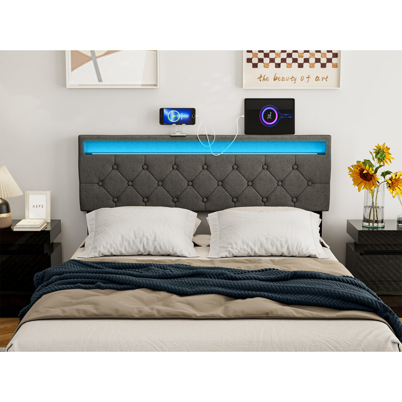 Bertwald Upholstered Headboard With 2 Usb Ports & Led Lights - Adjustable Height, Full/Double, Dark Gray
