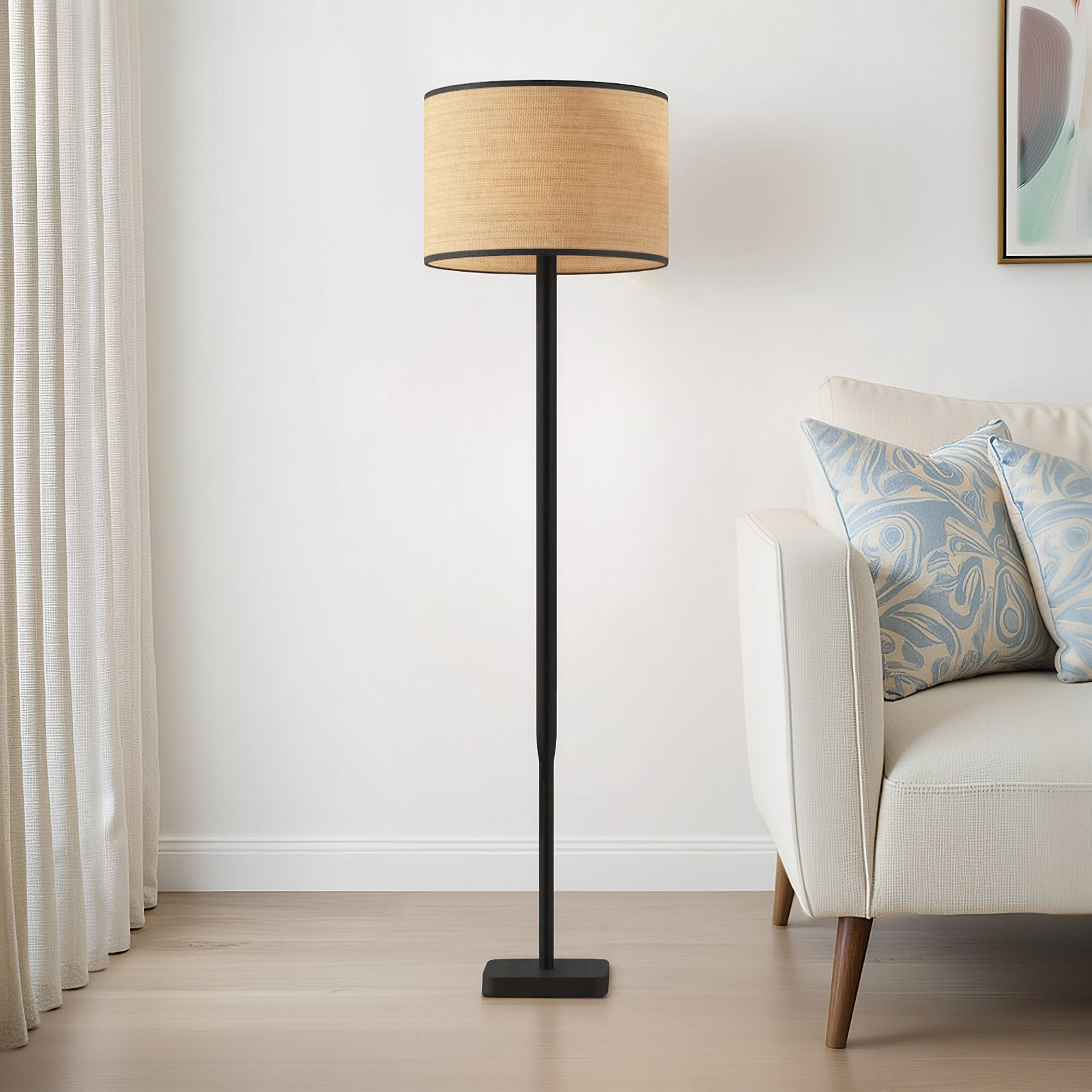 Phipps 58 " Dimmable Floor Lamp, Natural Woven/Black Trim, Black