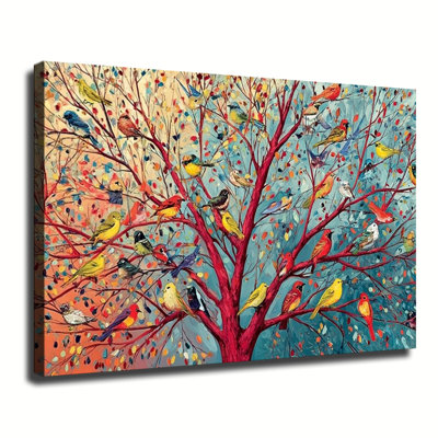 Colorful Birds On Red Tree Branch Folk Art Painting, Large Gallery Wrapped Canvas Wall Art Print For Living Room Bedroom