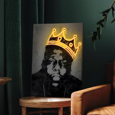 1PC Wall Arts Posters Framed,  Notorious BIG Canvas Wall Art, Black and White Portrait with Neon Crown, Hip Hop Legend Decor for Living Room, Music Icon Poster, Premium Quality Print, Modern Home Decor, Ready to Hang