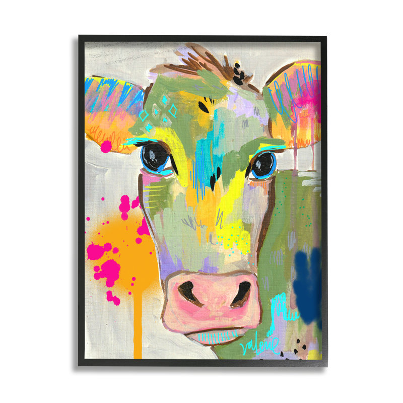 Peinture moderne éclaboussures de vache par Valerie, L 16 po x H 20 po, Giclée encadrée noir minuit