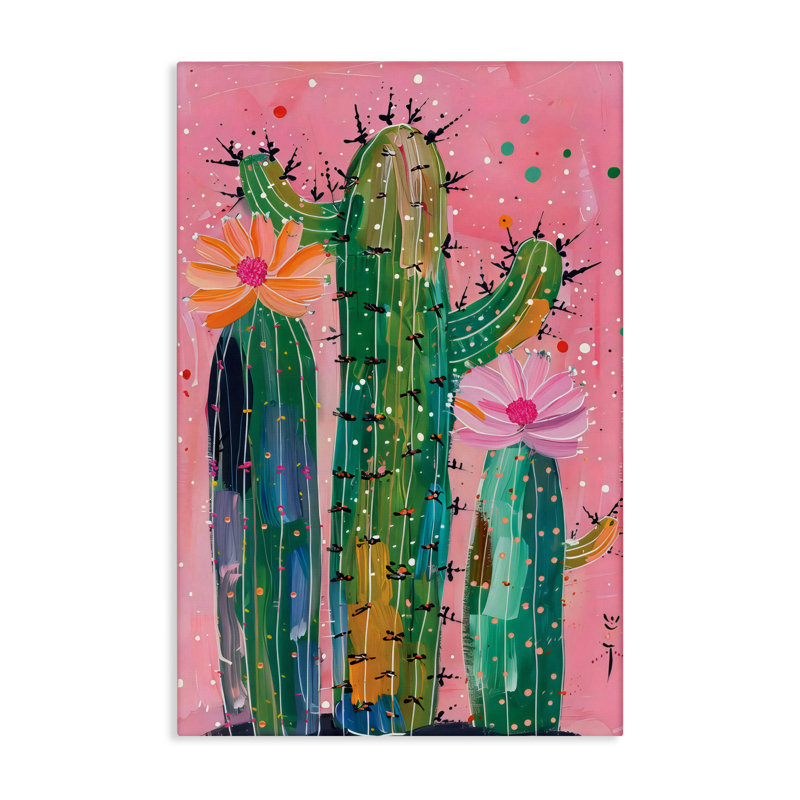 Cactus créatif sur toile rose, design par LSR Design Studio, H 30 po x l 20 po