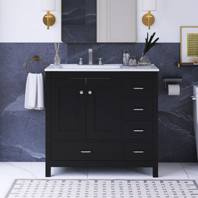 36" Black Bathroom Vanity With 5 Drawers