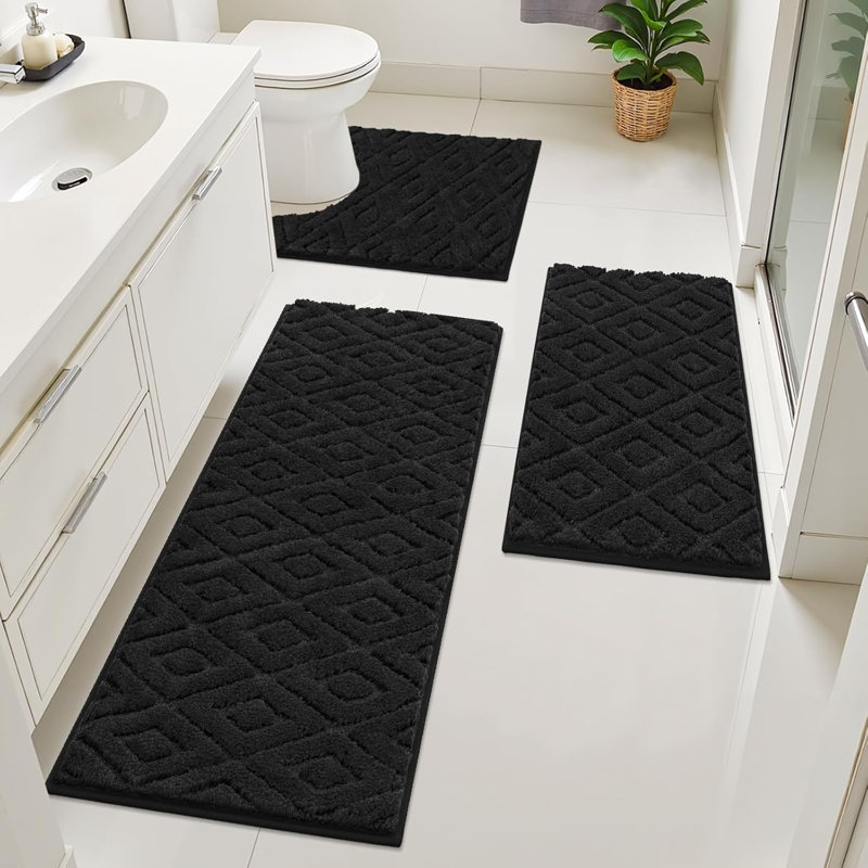 Absorbent Non-Slip Bath Mat (Set of 3), Black