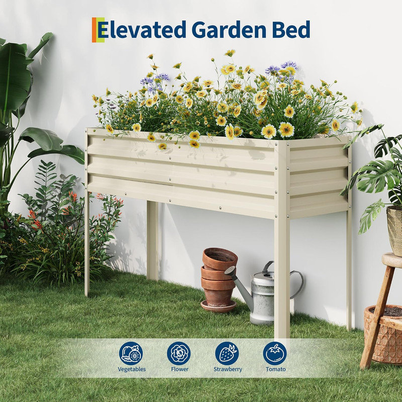 50x17 Inch Elevated Galvanized Raised Garden Bed with Legs, Metal Planter Box for Patio, Beige