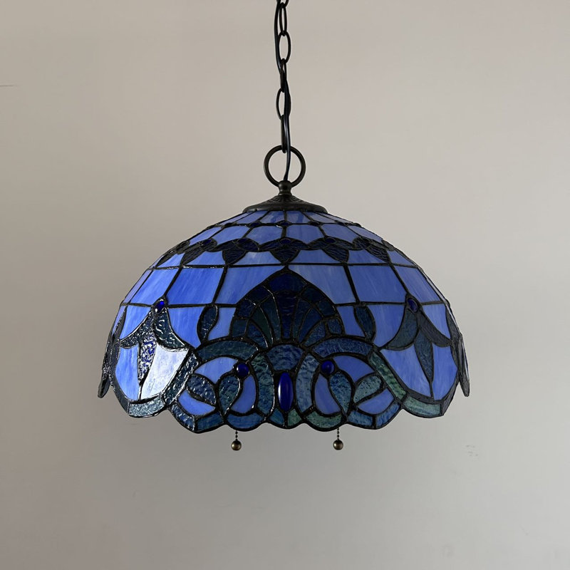 Blue Stained Glass Baroque Style Bronze LED Pendant Light