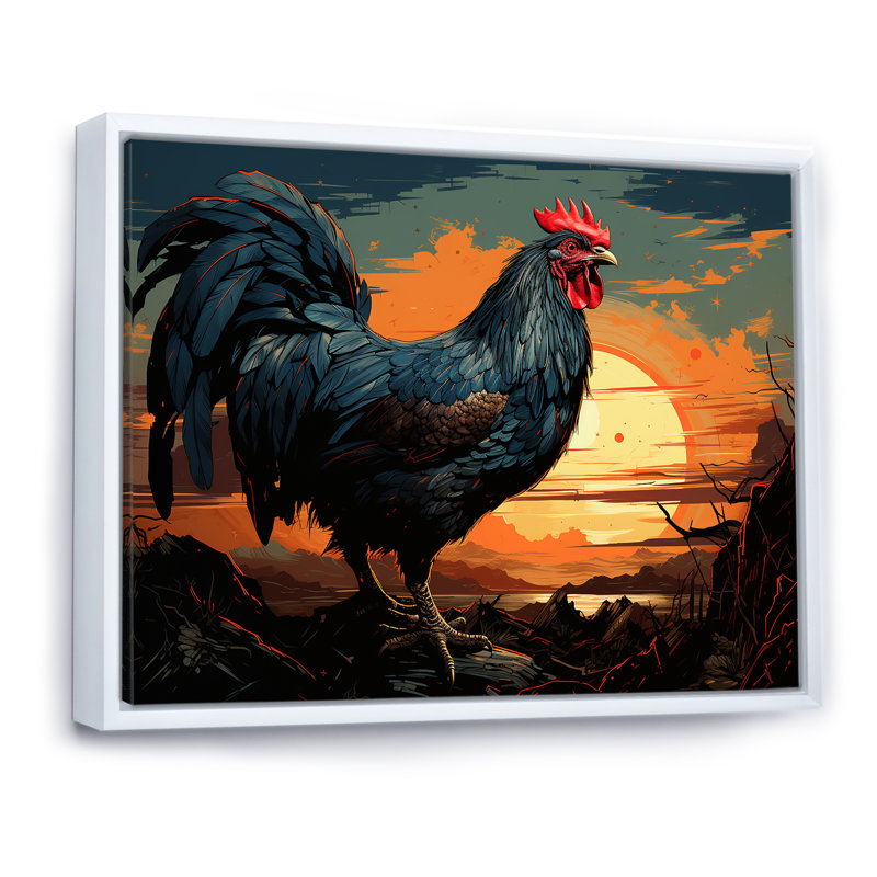 «Sunset Roosters Farmyard II», art mural coq, Cadre flottant blanc, H 34 po x l 44 po x P 1,5 po