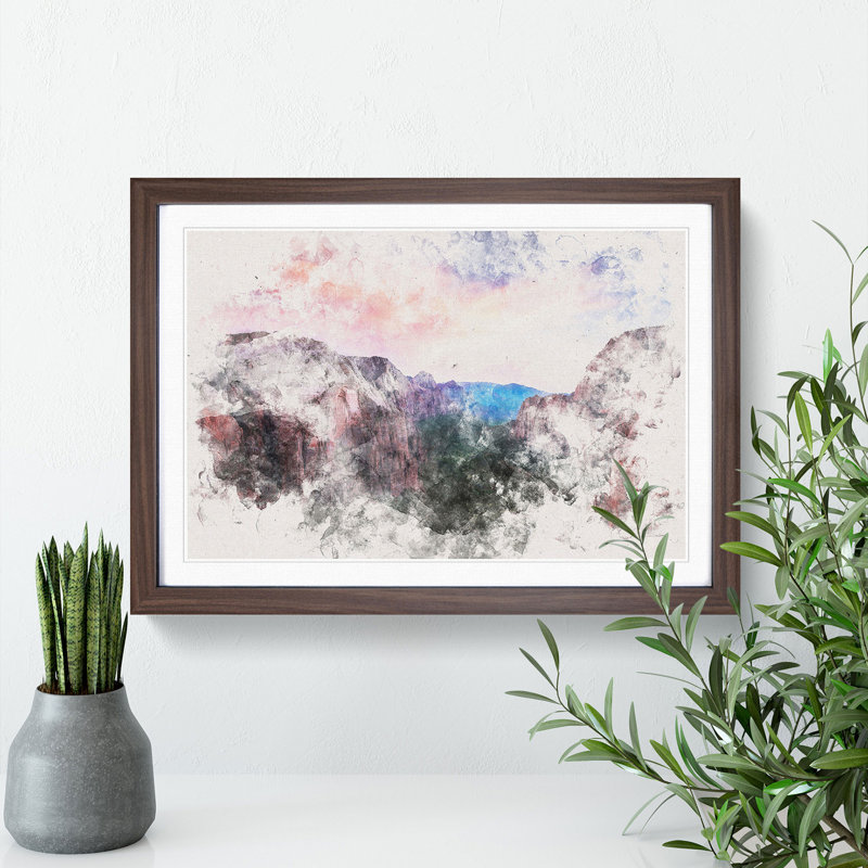 View Of Zion National Park In Utah Watercolour - Framed Print, 35cm H x 50cm W x 2cm D, Walnut