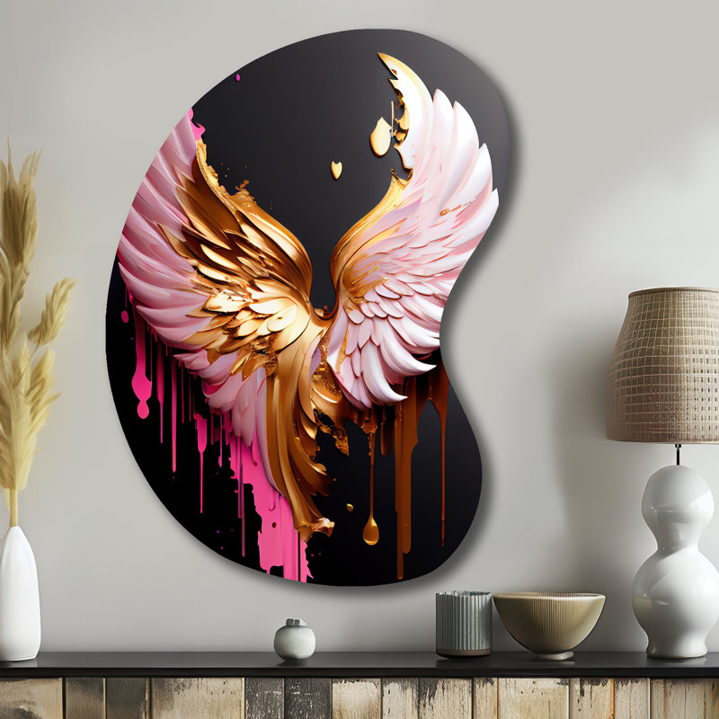 Ailes d'ange rose, or et noir I - décoration murale en forme d'ange asymétrique, sculpture murale en métal de forme unique