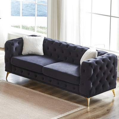 Velours de 82,5 pouces avec capitonnage à motif de losanges, 2 coussins, pieds en métal pour chambre à coucher, coussins en mousse à haute densité, coussins