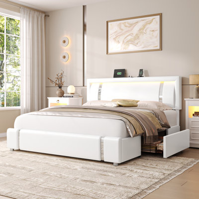 3-Piece Bedroom Sets, LED Upholstered Storage Bed with 2-Drawers and Charging Port & 2 x 3-Drawer LED Nightstands With Charging Port