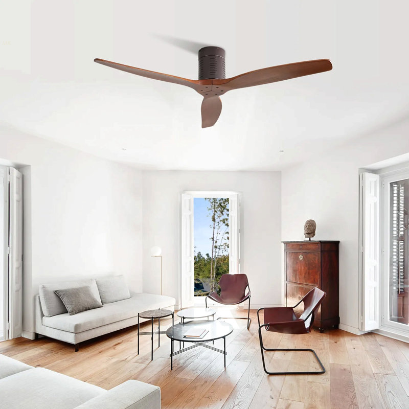 52 Inch Flush Mount Ceiling Fan With Remote Control, 3 Reversible Wood Blades Noiseless DC Motor Ceiling Fan Without Light