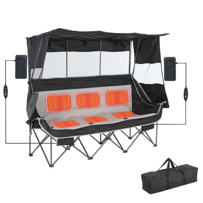 Chaise de camping chauffée pour 3 personnes avec auvent, causeuse extérieure pliante surdimensionnée avec porte-gobelets, sac isotherme et parasol