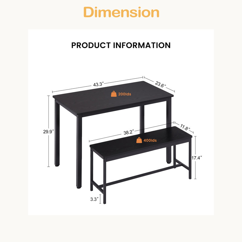 Ensemble de table de salle à manger, table de bar avec 2 bancs de salle à manger, comptoir de table de cuisine avec chaises, table de petit déjeuner industrielle pour la cuisine, salon