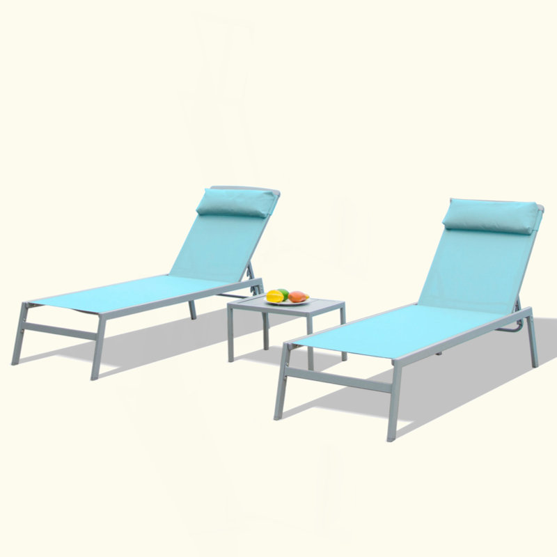 Patio Chaise Lounge Set Of 3, Aluminum Lounge Chairs With 5 Adjustable Positions, Outdoor Chaise Lounge For Pool, Deck, Garden, Backyard, Sunbathing ( Lounge Chairs+1 Table)