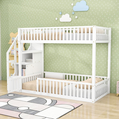 Twin Over Twin Floor Bunk Bed With Storage Staircase, Fence Guardrails And Small Door
