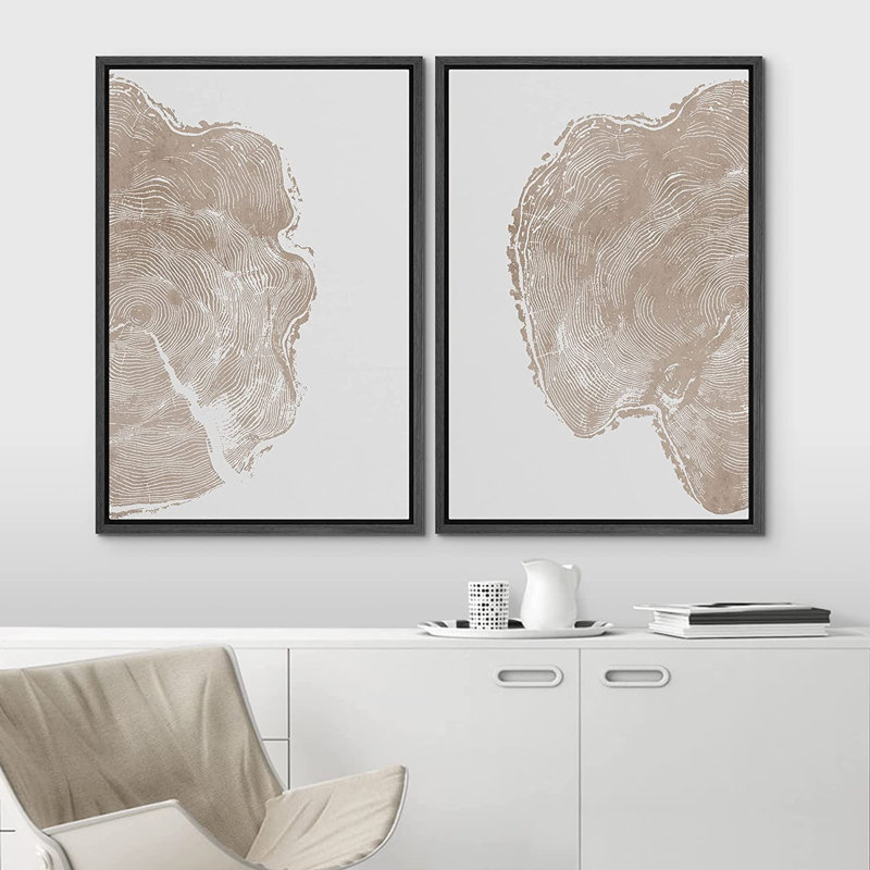 Pastel Tan Unique Wood Tree Ring Neutral Modern Organic Framed Canvas 2 Pieces Print Wall Art Decor, Black Floater Framed