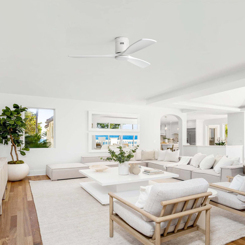  Sofucor Rachel 52'' 3-Solid Wood Blade Flush Mount Classic Ceiling Fan no Lights, White, White with White Blade