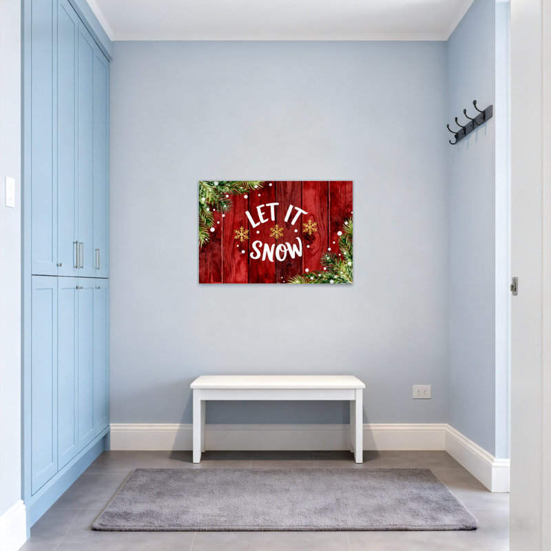 Noël, planches de bois rouges, flocons de neige, branches de pin, H 28 po x l 40 po