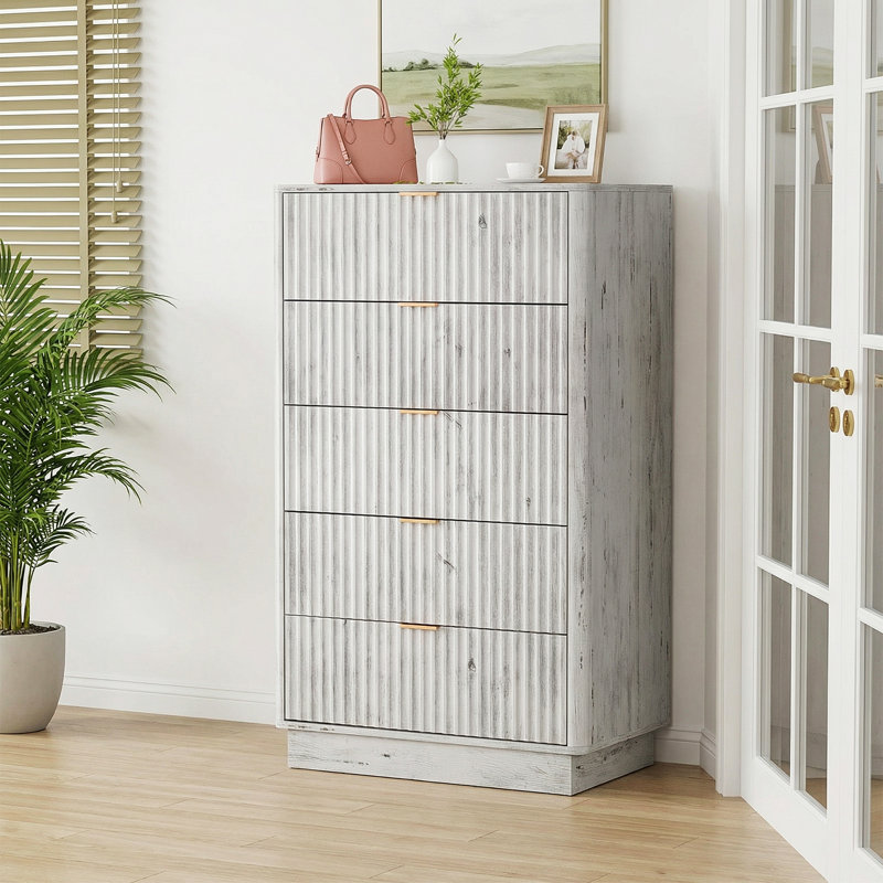 Commode 5 tiroirs cannelée, commode en bois à bords arrondis