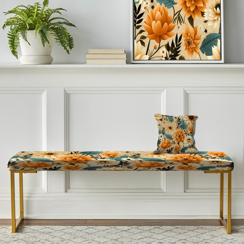 Mod Floral Nostalgia IV - Midcentury Upholstered Gold Bench