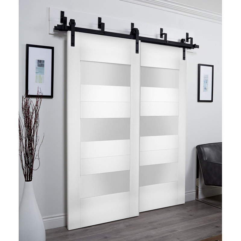 Sete Frosted Glass Bypass Barn White Doors, 60" x 80"