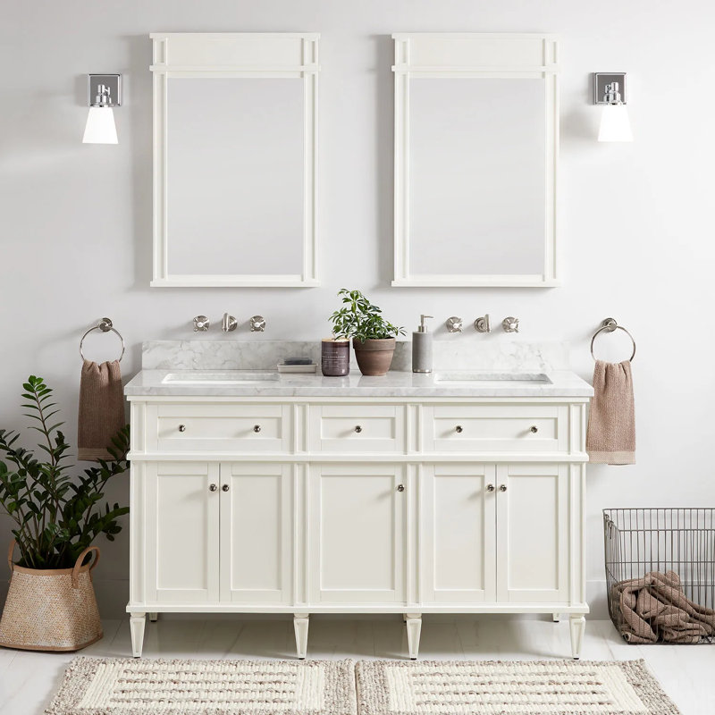 60" Elmdale Double Bathroom Vanity Set with Rectangular Undermount Sinks, Carrara Marble, No Drillings, Soft White