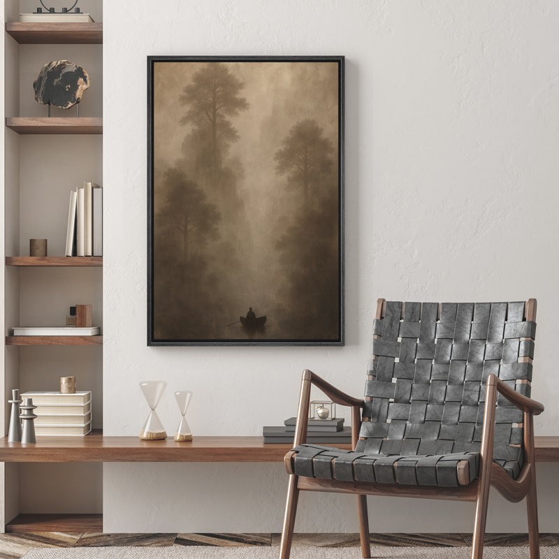 «Misty Forest River Scene With Lone Boat», reproduction d'art sur toile encadrée dans la chambre principale, Noir