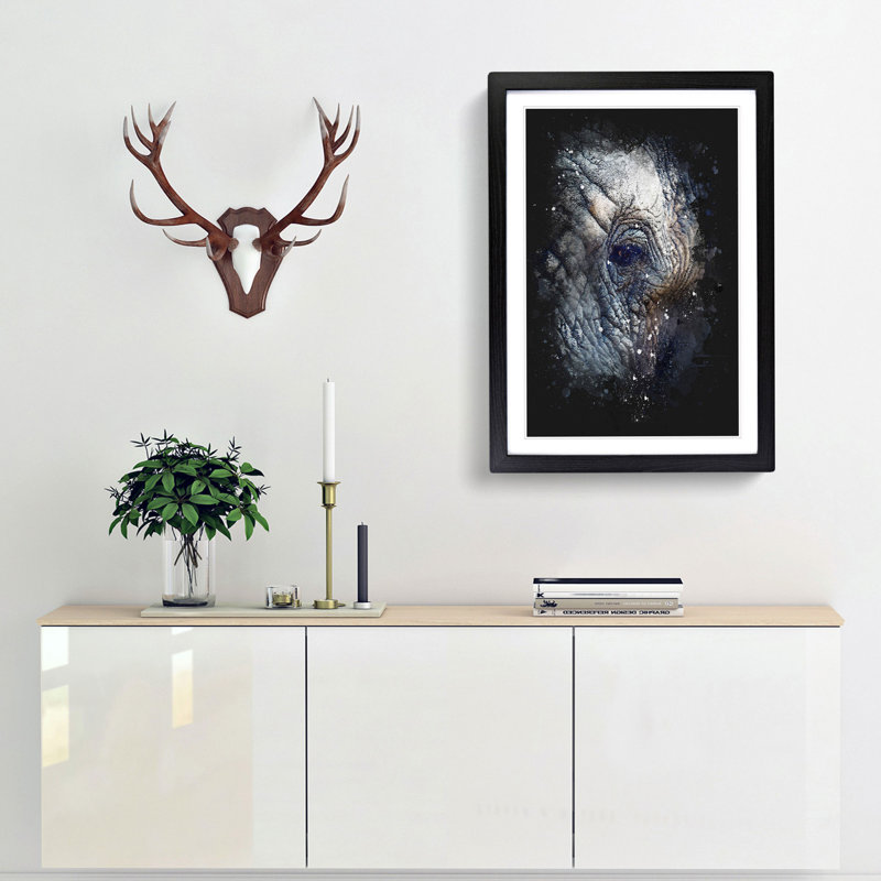 Blue Elephant - Framed Print, 87cm H x 62cm W x 2cm D, Black Framed
