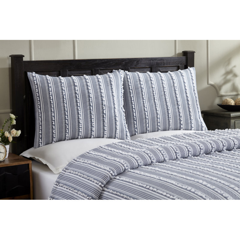 Gray King Cotton Comforter Set with Textured Stripes