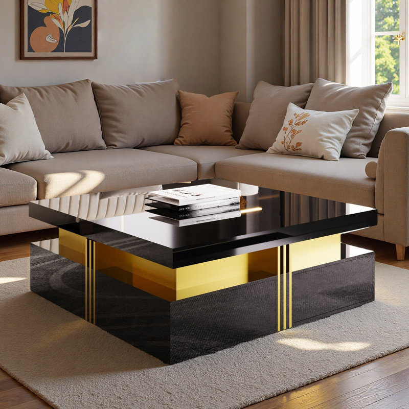 Table basse moderne carrée avec 4 tiroirs, Noir