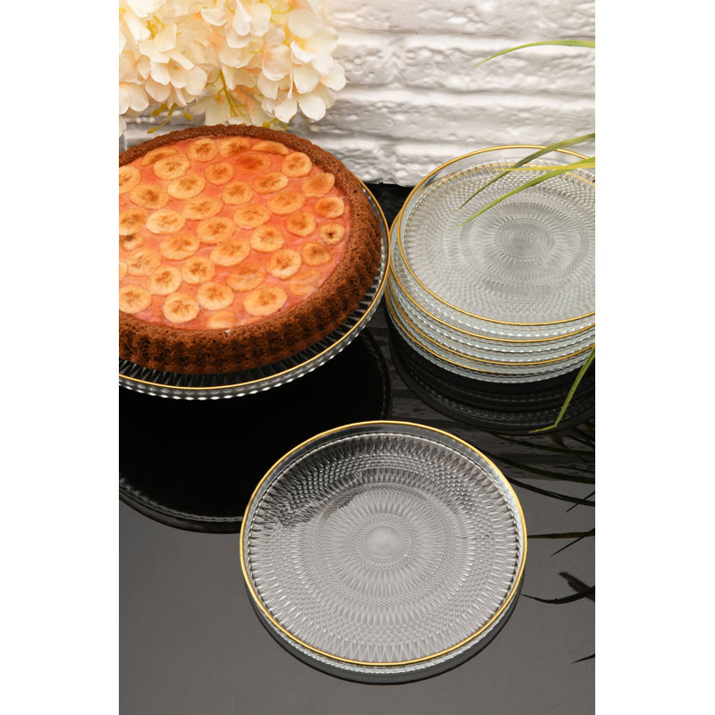 Ensemble de service à gâteau élégant 7 pièces, 100% verre | Comprend 1 support à gâteau (12,9 po) et 6 assiettes (8,3 po) | Superbe conception transparente, parfaite pour les mariages et les célébrations, lavage à la main recommandé, ne va pas au micro-ondes