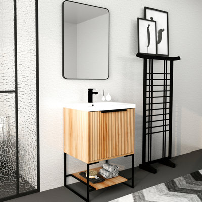 Armoire de salle de bain autoportante de 24 pouces avec lavabo en résine - Innovation élégante, porte pour la tranquillité, option de rangement suffisant, style moderne 24 po, lavabo, spacieuse