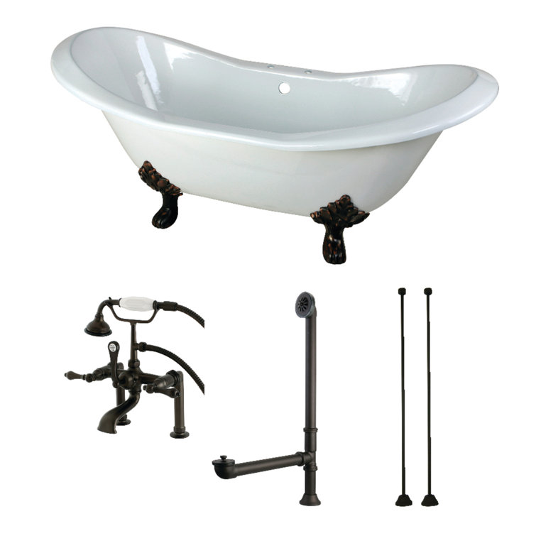 Kingston Brass Aqua Eden 72-Inch Cast Iron Oval Double Slipper Clawfoot Tub with Faucet Drain and Supply Lines Combo
