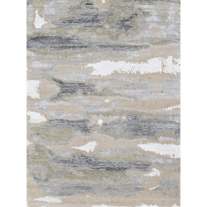 High-Quality Hand-Knotted Silver And Charcoal Area Rug, Rectangle 9' x 12'