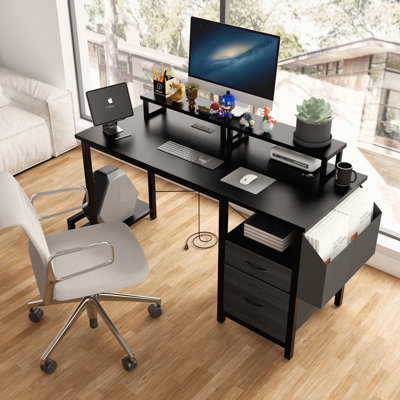 Bureau de 47,3 po avec prise de courant, 2 supports pour écran, 2 tiroirs, pochettes latérales, facile à assembler, stabilité de la structure réversible, utilisation comme bureau à domicile, bureau d'ordinateur, table de jeu