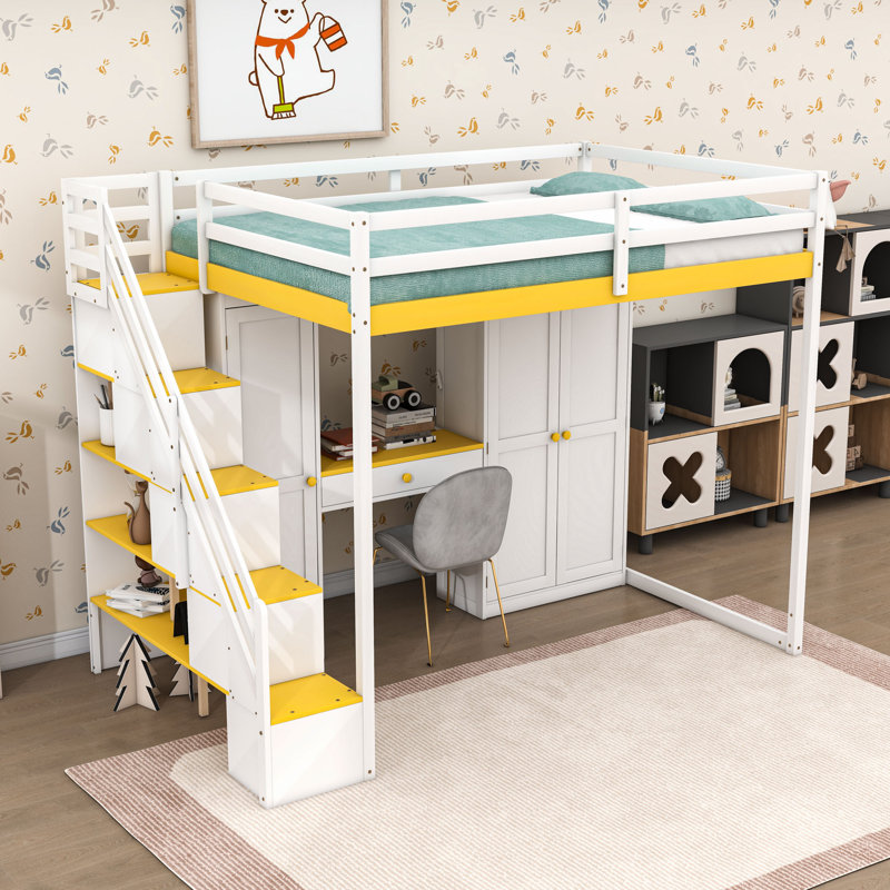 Lit mezzanine double avec coiffeuse, armoire, miroir et station de charge, Blanc / Jaune