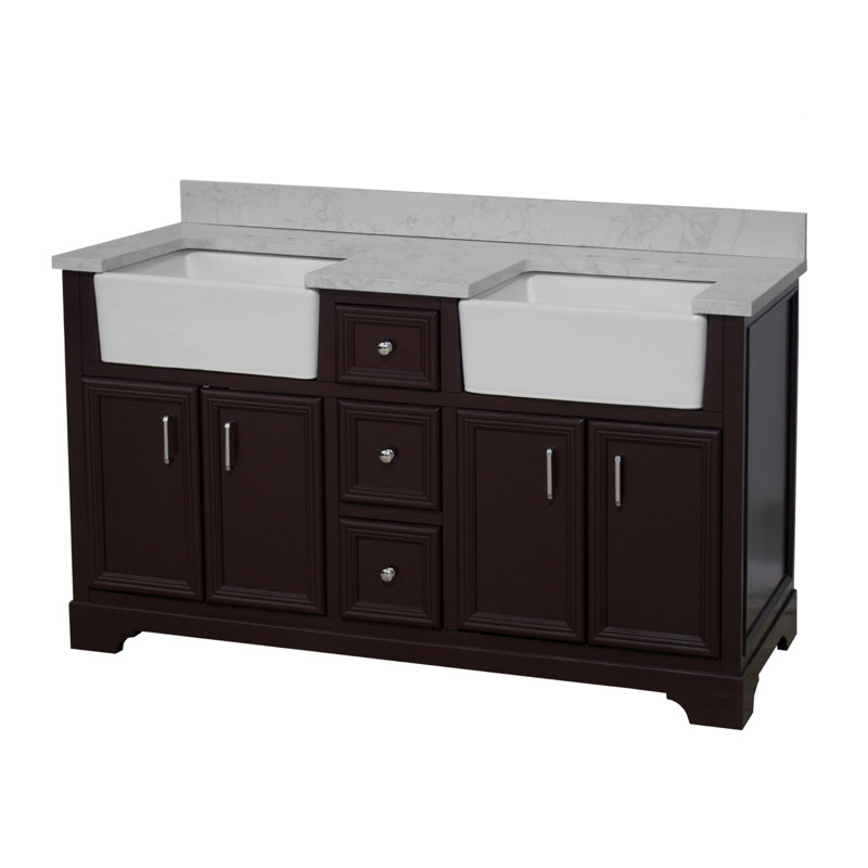 Ensemble de meuble-lavabo double 60 po Emiliano, Chocolat, Carrare d'ingénierie