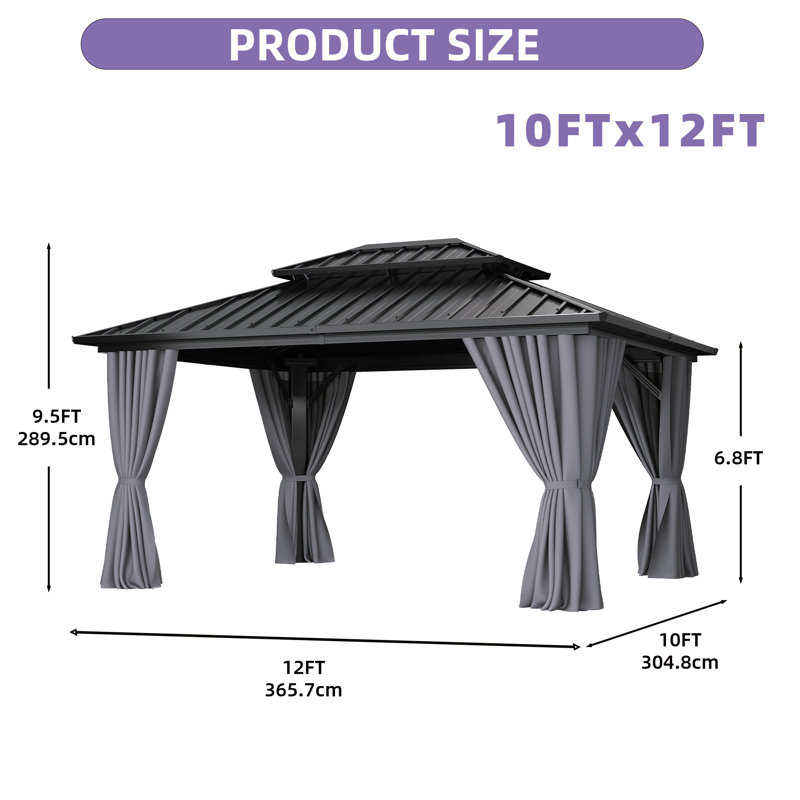 Hardtop Double-Roofed Aluminum Patio Gazebo Multiple Sizes, 12 ft x 10 ft, Gray