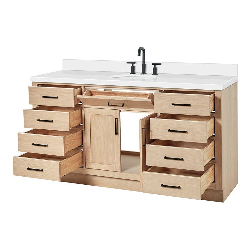Thornaby 66'' Solid Wood Single Bathroom Vanity with 1.5'' White Quartz Top, Natural Oak, Oval