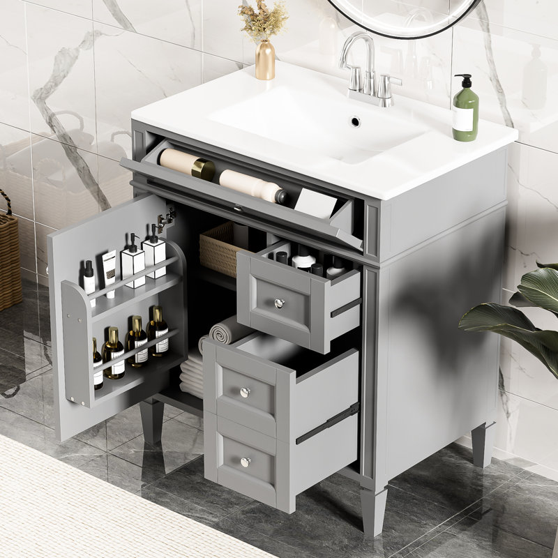 Meuble-lavabo gris avec lavabo intégré - Armoire moderne de 76 cm (30 po) avec poignée texturée, 2 tiroirs et tiroir basculant, finition planifiée