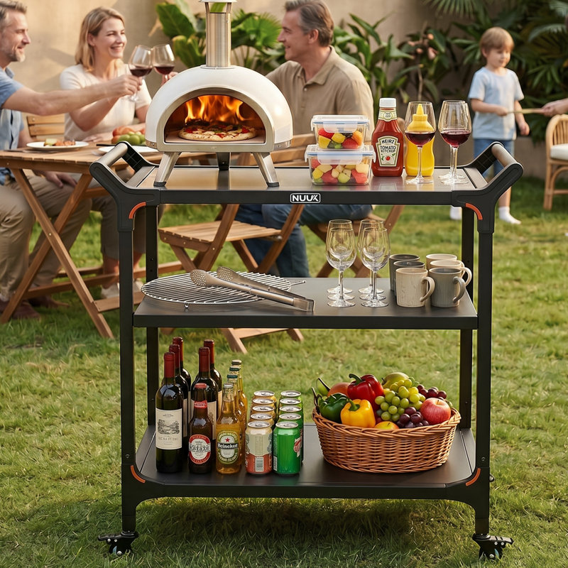 Îlot de cuisine 32 po x 24 po avec îlot de cuisine extérieur et four à pizza, chariot de préparation pour îlot de barbecue extérieur avec rangement à 3 niveaux et roulettes
