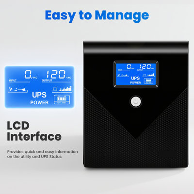 Backup UPS Power Supply 1500VA, 900W Battery Backup Power, with 4 Outlets and LCD Display
