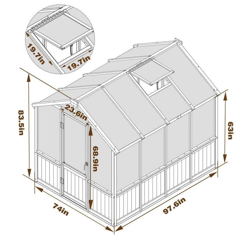 Wooden Polycarbonate Greenhouse, 83.5" H x 74" W x 97.6" D, Natural Wood