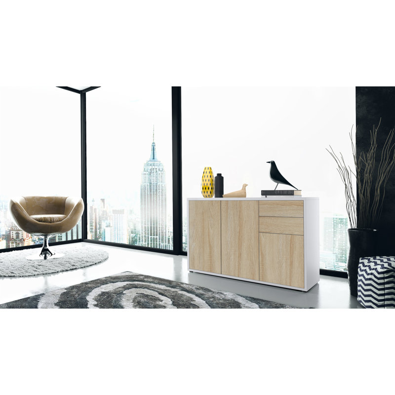 Mcdevitt 117cm Sideboard, White (Matt)/Rough-cut Oak