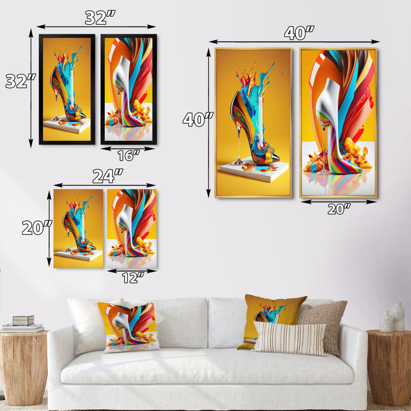 «Multicolor Glass High Heel Shoe», 2 pièces sur toile, H 40 po x l 40 po, Encadrement brun
